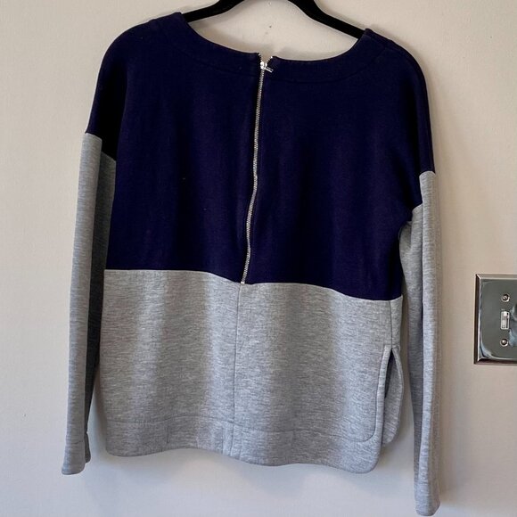 Madewell Sz Small V-neck Color-block Split-hem Sweatshirt Back Zip NavyBlue Gray - Picture 4 of 10